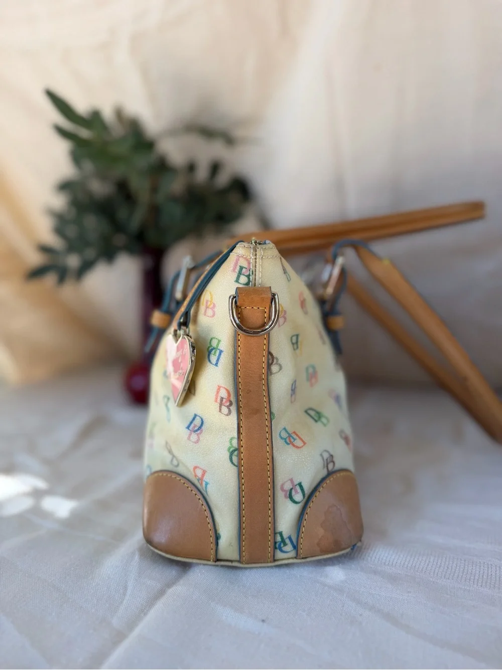 Dooney & Bourke Cream Multicolor DB Logo Satchel with Tan Trim